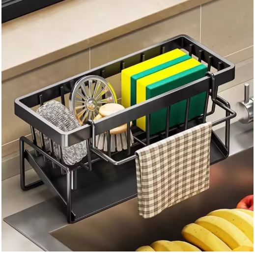Kitchen Sponge Holder Drain Rack Sink Organizer for Dish Cloth Scrubber Storage with Hanging Hook
